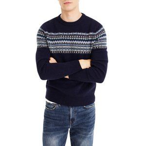 New J Crew Fair Isle Crewneck 100% Lambswool Sweater blue Medium M